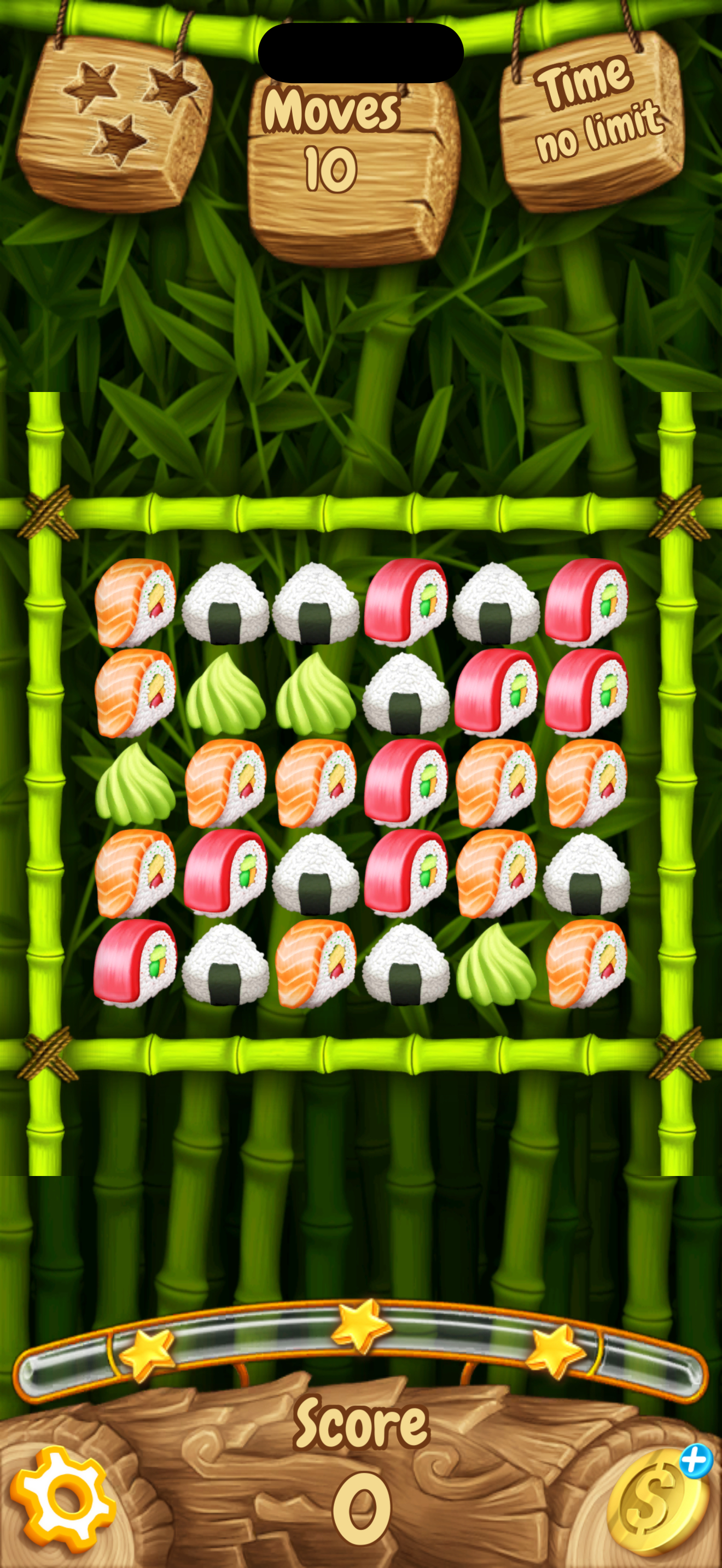 Picnic Panda gameplay: colorful sushi pieces on a bamboo-framed puzzle board.